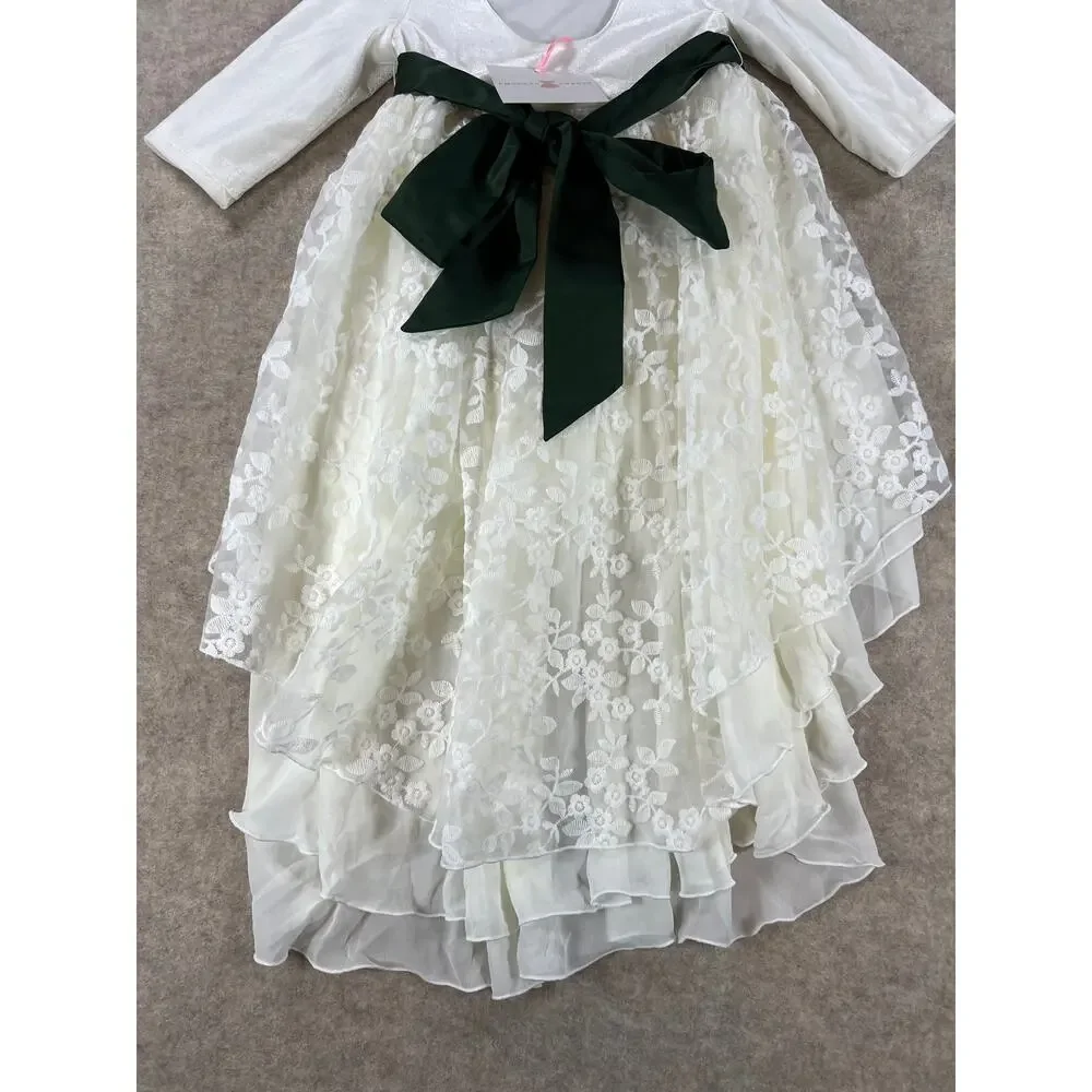 Smocked Sweets White Christmas Hi Lo Dress with Green Sash Girls Size 4/5 NWT